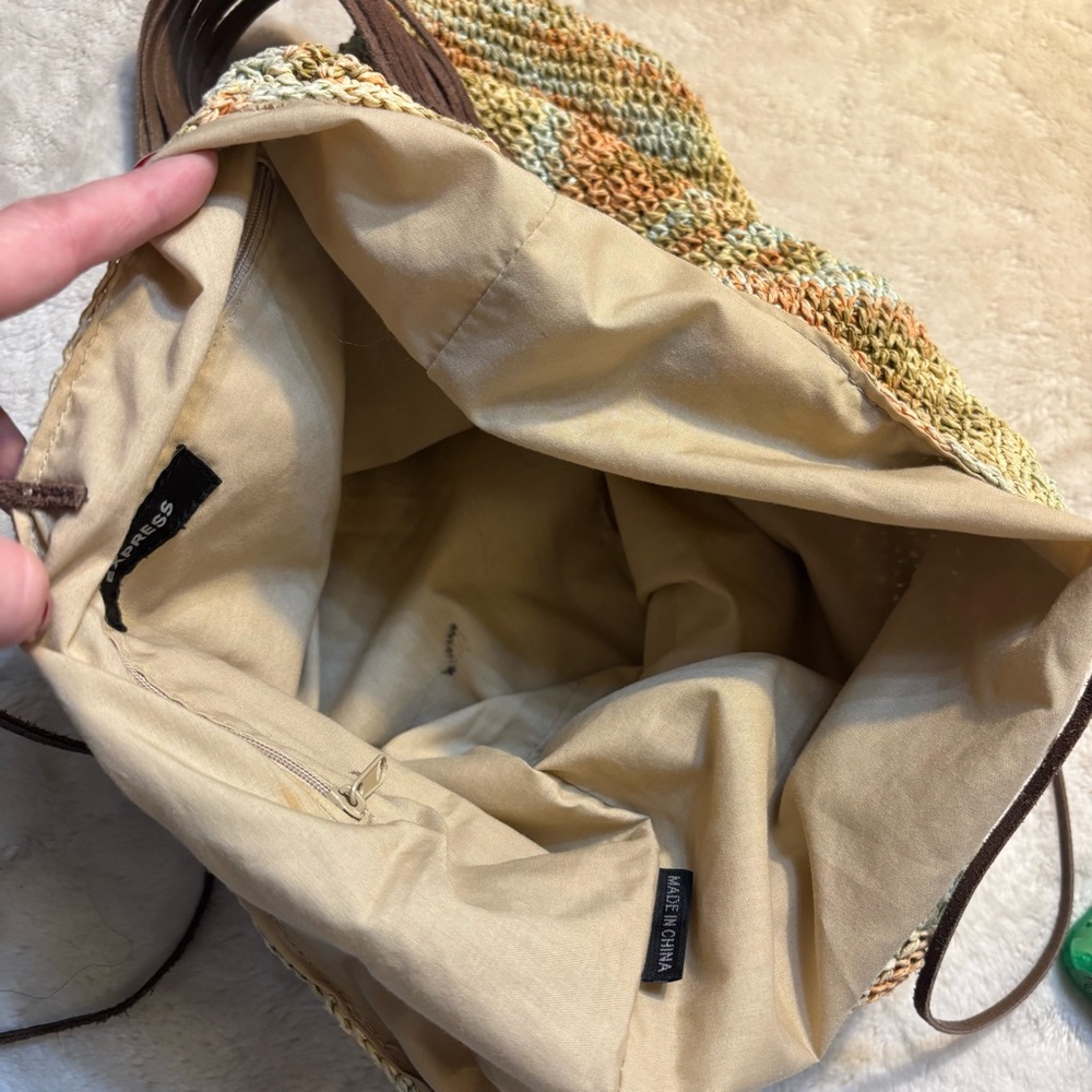 Express Knit Boho Bag Cream Orange Green Yellow Hobo Shoulder Bag Brown Straps - Picture 11 of 16